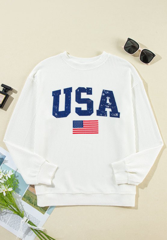 US Flag Corded Long Sleeve Sweatshirt - Carbone's Marketplace