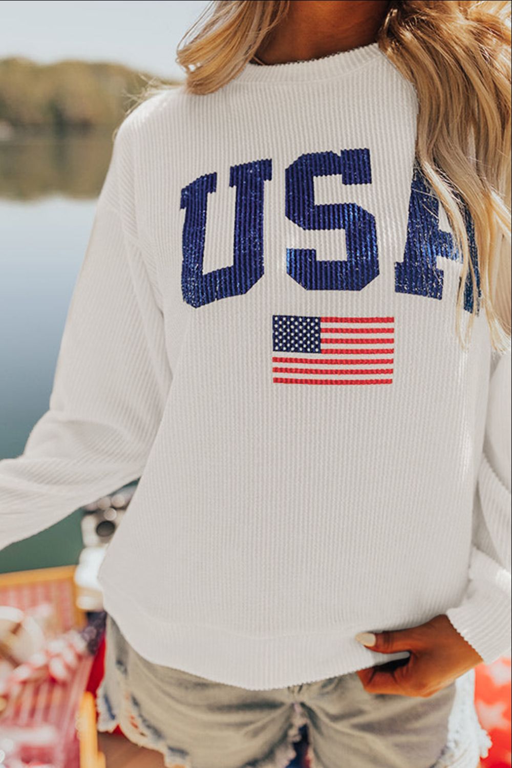 US Flag Corded Long Sleeve Sweatshirt - Carbone's Marketplace