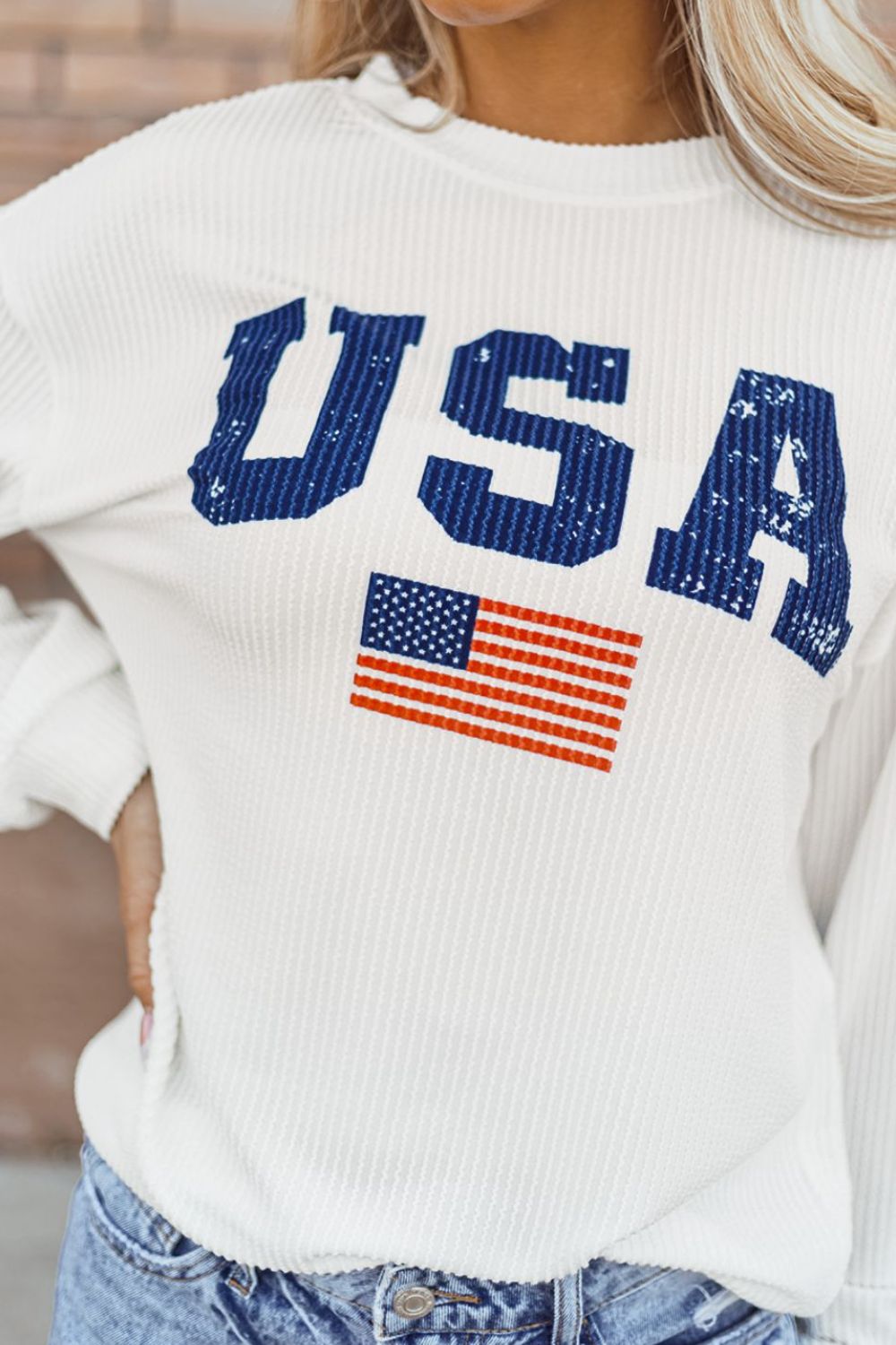 US Flag Corded Long Sleeve Sweatshirt - Carbone's Marketplace