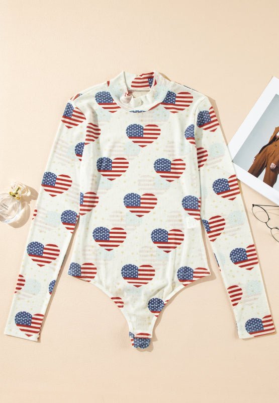US Flag Heart Mock Neck Long Sleeve Bodysuit - Carbone's Marketplace