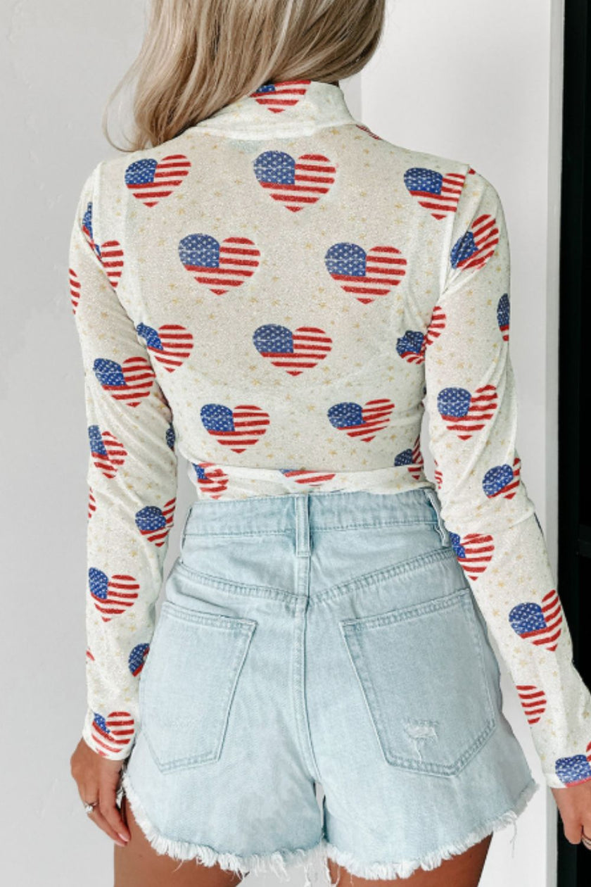 US Flag Heart Mock Neck Long Sleeve Bodysuit - Carbone's Marketplace