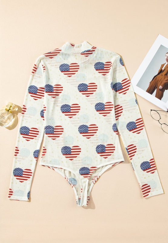 US Flag Heart Mock Neck Long Sleeve Bodysuit - Carbone's Marketplace