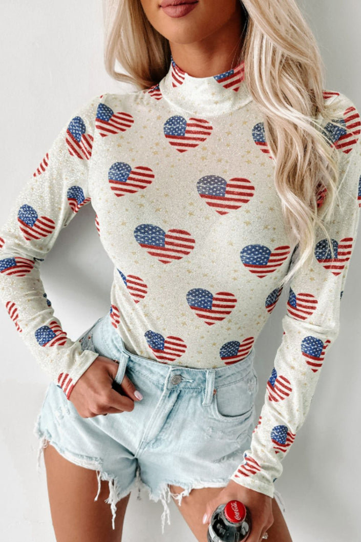 US Flag Heart Mock Neck Long Sleeve Bodysuit - Carbone's Marketplace
