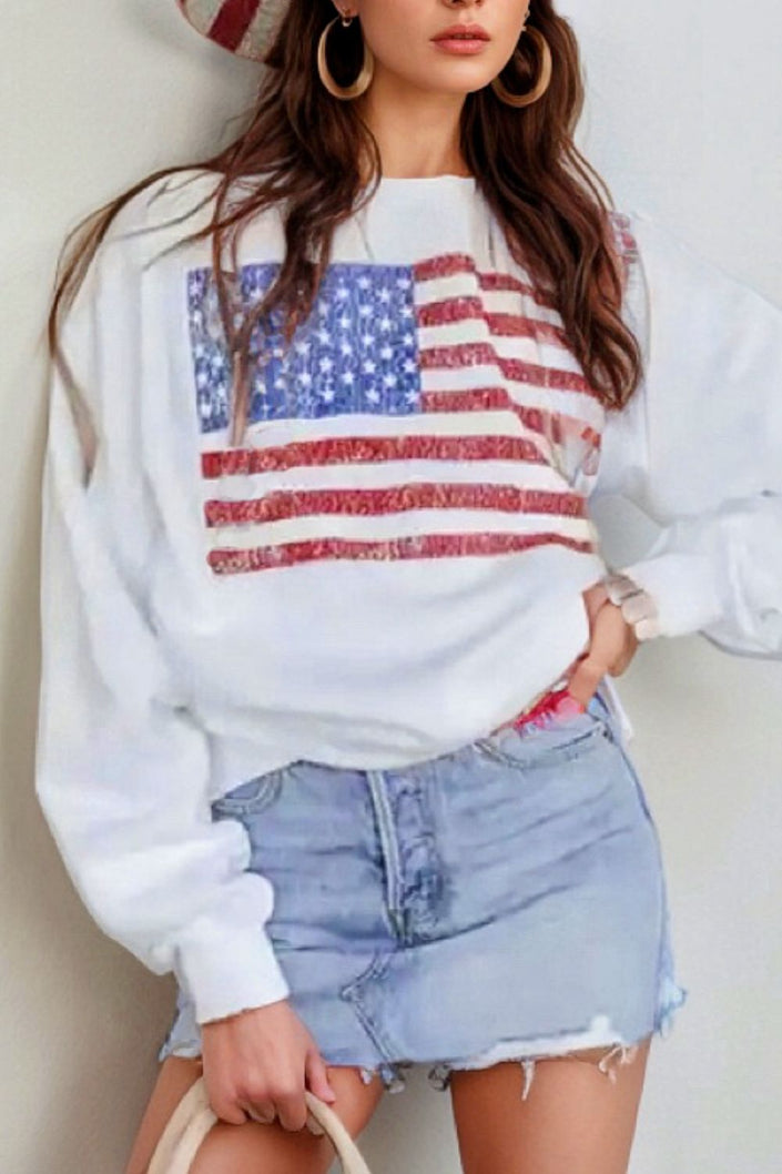 US Flag Round Neck Long Sleeve Sweatshirt - Carbone's Marketplace