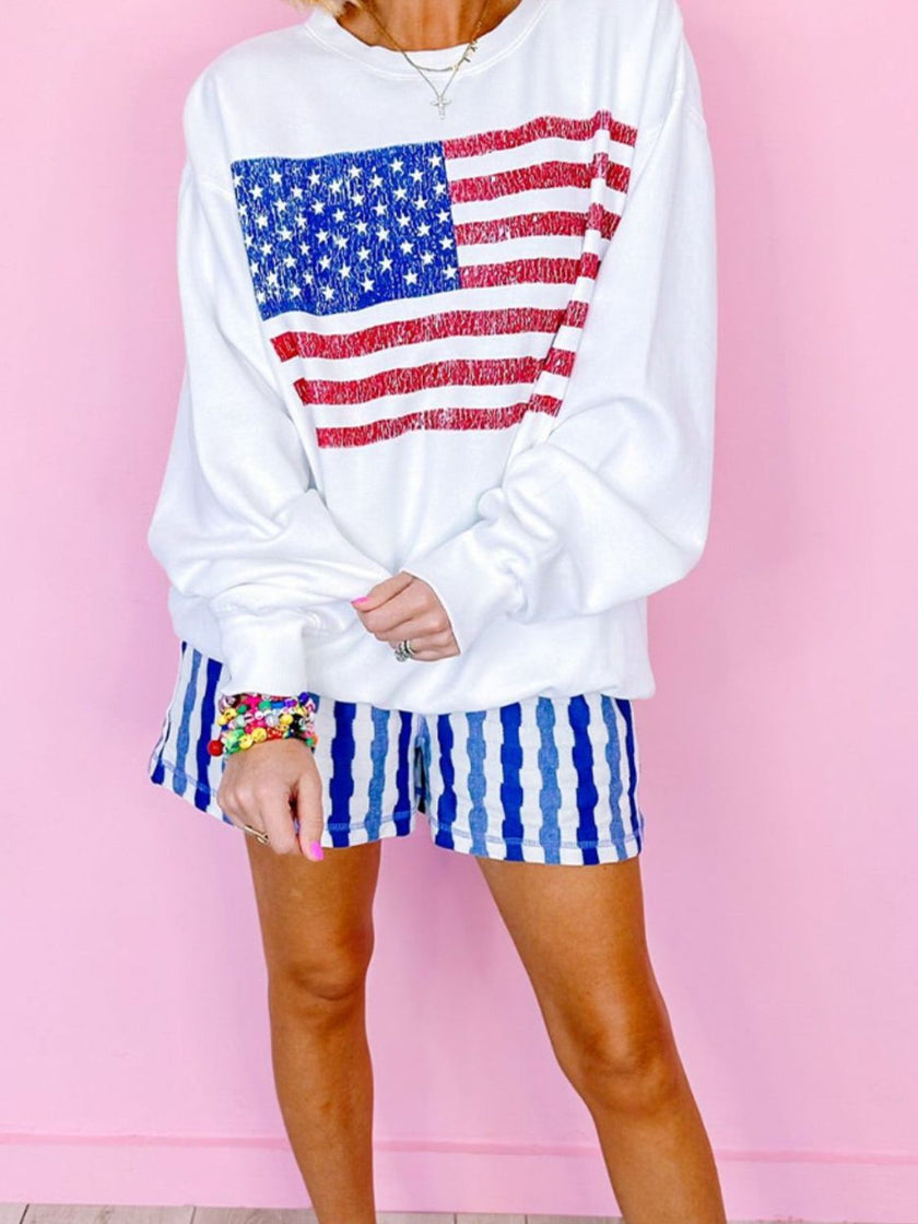 US Flag Round Neck Long Sleeve Sweatshirt - Carbone's Marketplace