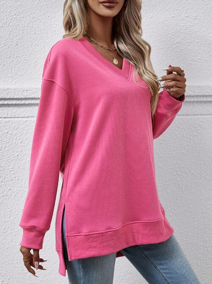 V - Neck Slit Long Sleeve Sweatshirt - Carbone's Marketplace