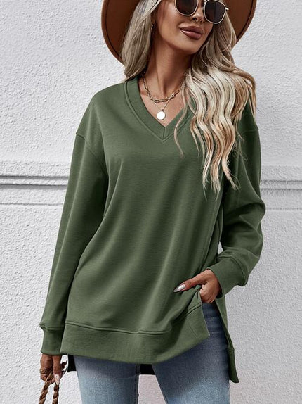 V - Neck Slit Long Sleeve Sweatshirt - Carbone's Marketplace