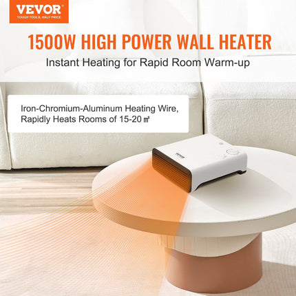 VEVOR Electric Wall Heater 1500W, Small Space Heaters with Knob Adjustment, Tip - Over & Overheat & IPX24 Waterproof Safety Protection, Wall - Mount/Tabletop for Indoor Use, Fixed Screws Included, White - Carbone's Marketplace