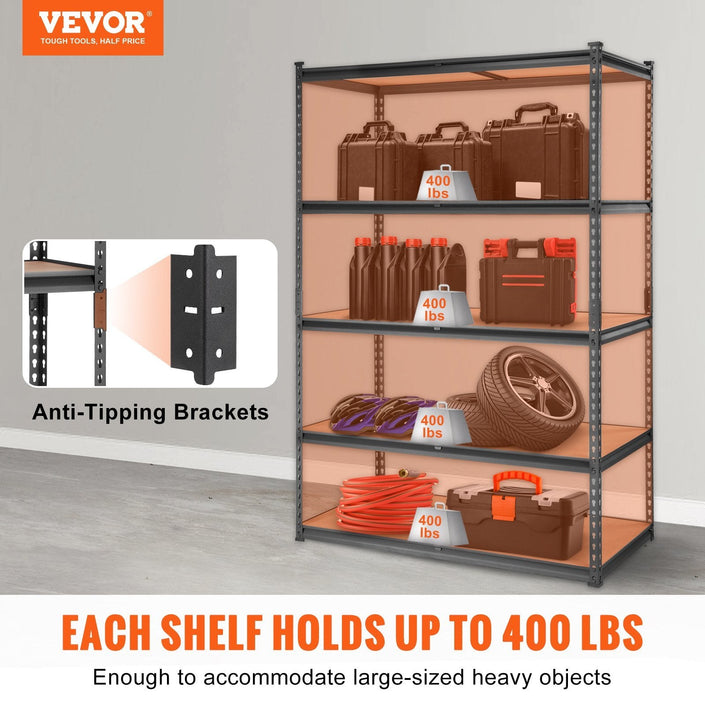 VEVOR Storage Shelving Unit, 5 - Tier Adjustable, 2000 lbs Capacity, Heavy Duty Garage Shelves Metal Organizer Utility Rack, Black, 48