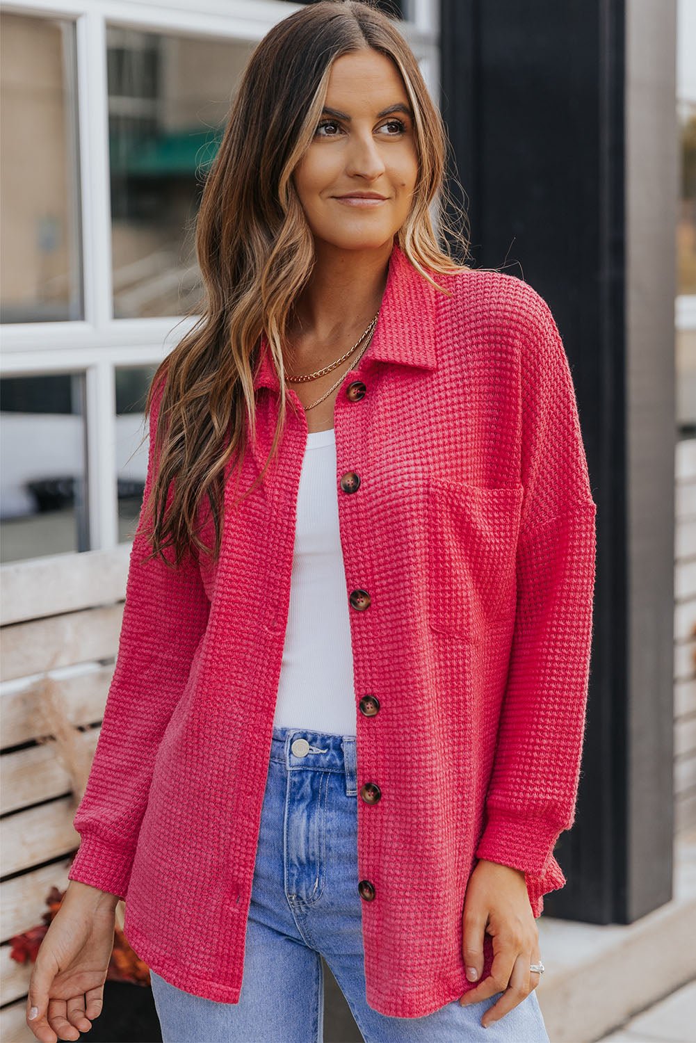 Waffle - knit Collared Neck Dropped Shoulder Shirt - Carbone's Marketplace