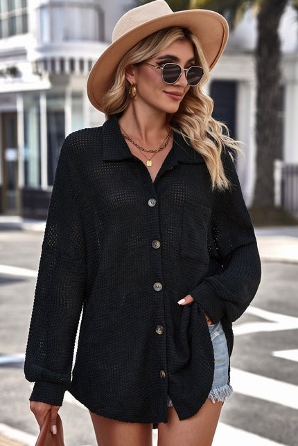 Waffle - knit Collared Neck Dropped Shoulder Shirt - Carbone's Marketplace