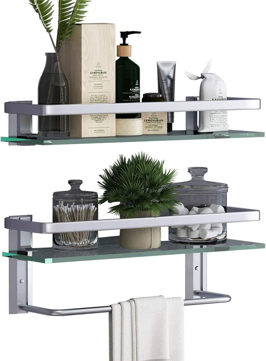 Wall Mounted Floating Glass Shelves 2 Tier with Towel Holder - Carbone's Marketplace