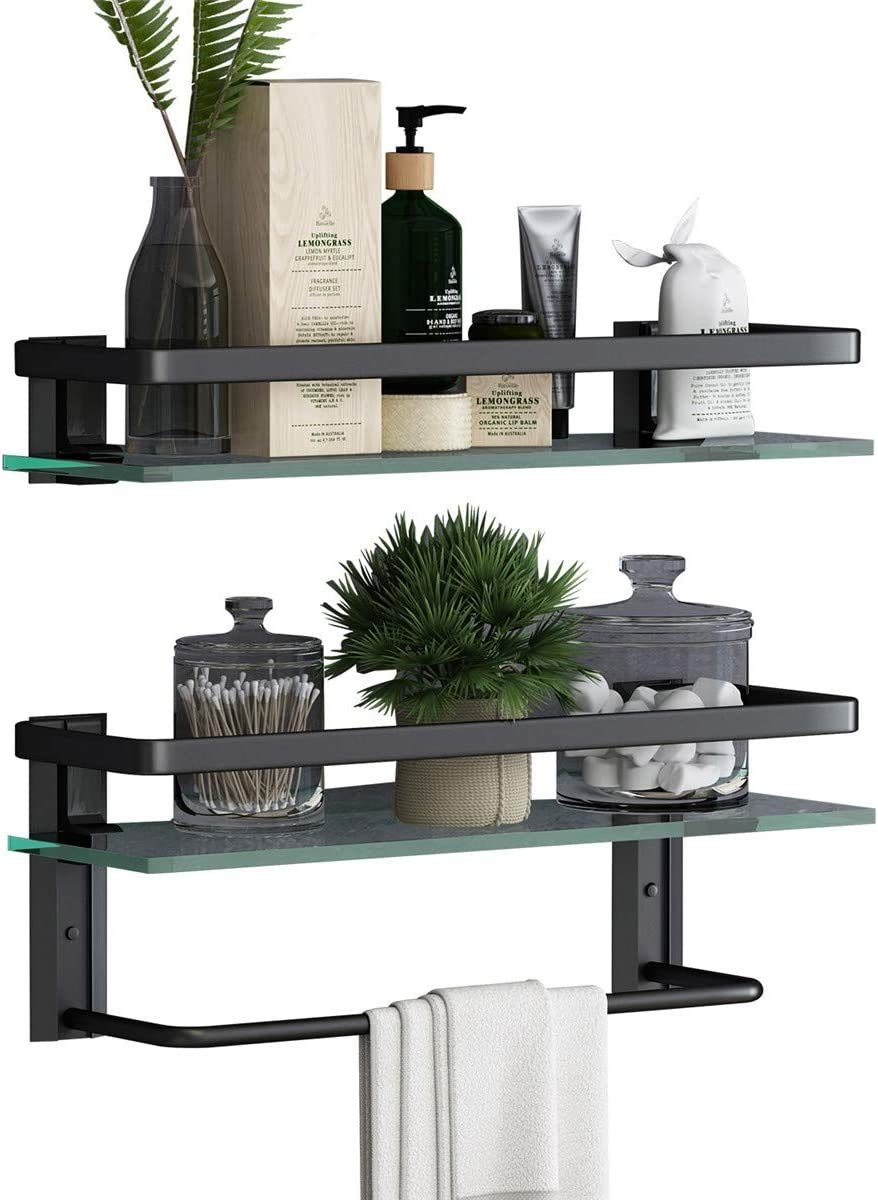 Wall Mounted Floating Glass Shelves 2 Tier with Towel Holder - Carbone's Marketplace