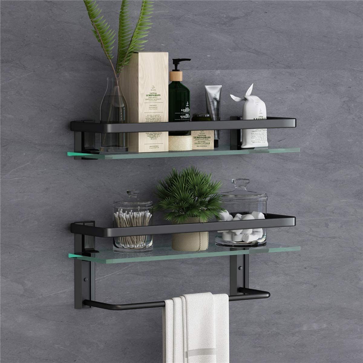 Wall Mounted Floating Glass Shelves 2 Tier with Towel Holder - Carbone's Marketplace