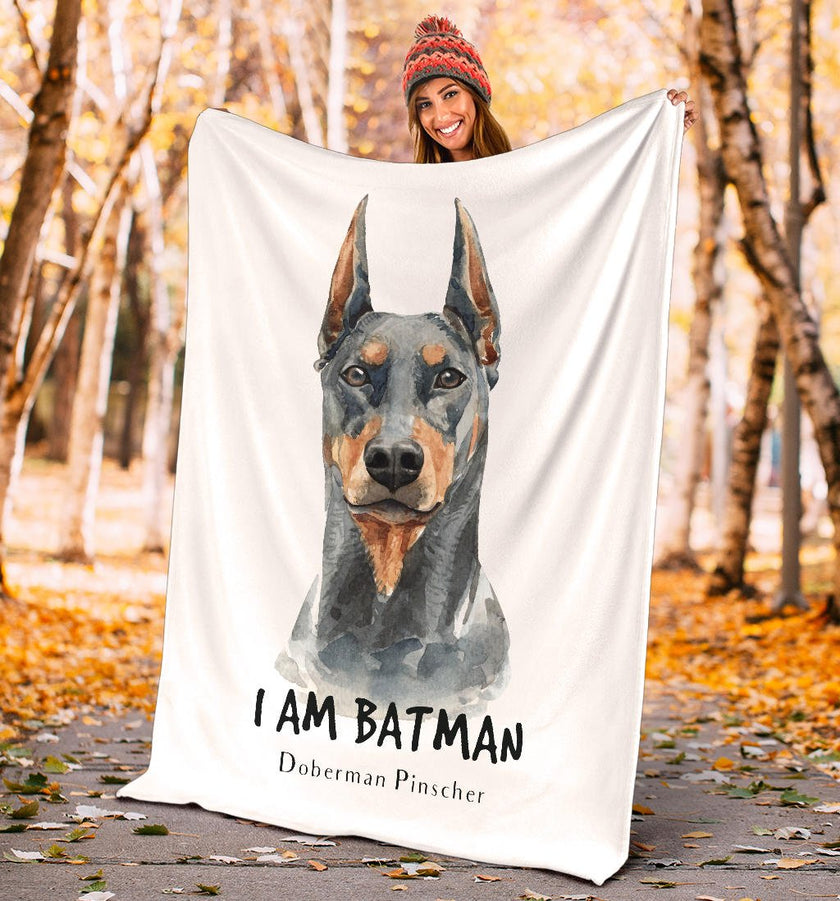 Watercolour Doberman Portrait Premium Blanket, I Am Batman Quote - Carbone's Marketplace