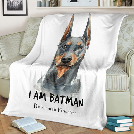 Watercolour Doberman Portrait Premium Blanket, I Am Batman Quote - Carbone's Marketplace