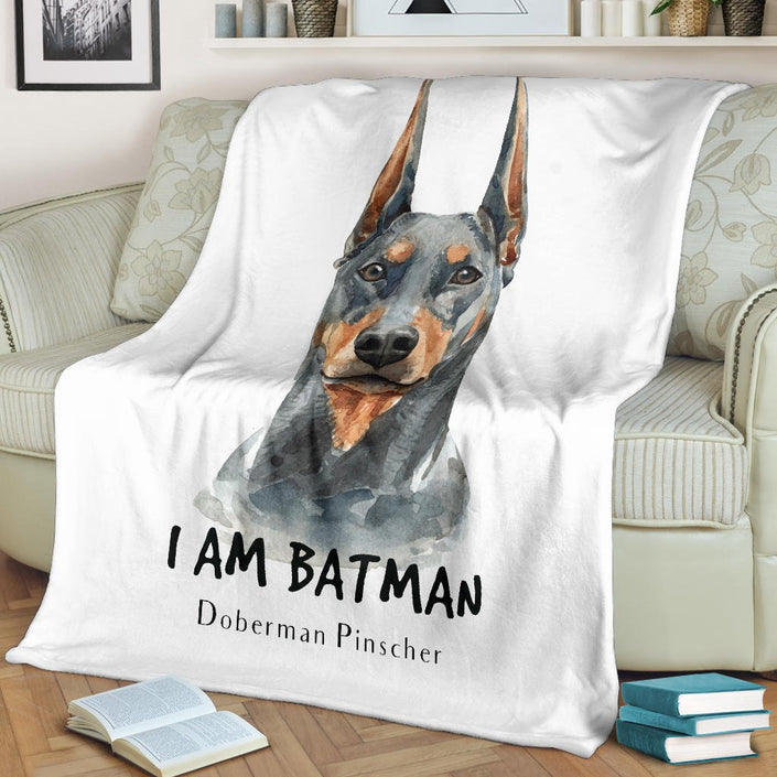 Watercolour Doberman Portrait Premium Blanket, I Am Batman Quote - Carbone's Marketplace