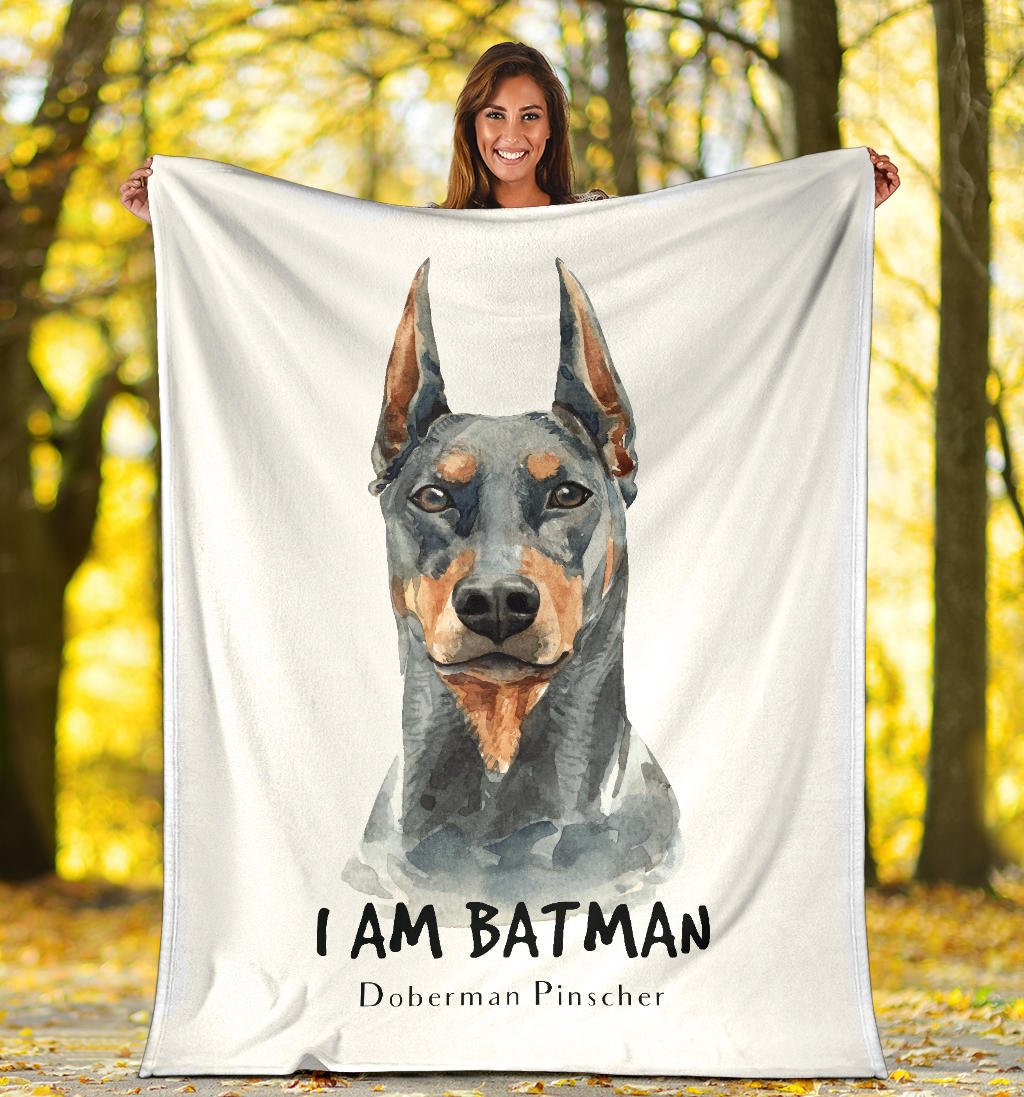 Watercolour Doberman Portrait Premium Blanket, I Am Batman Quote - Carbone's Marketplace