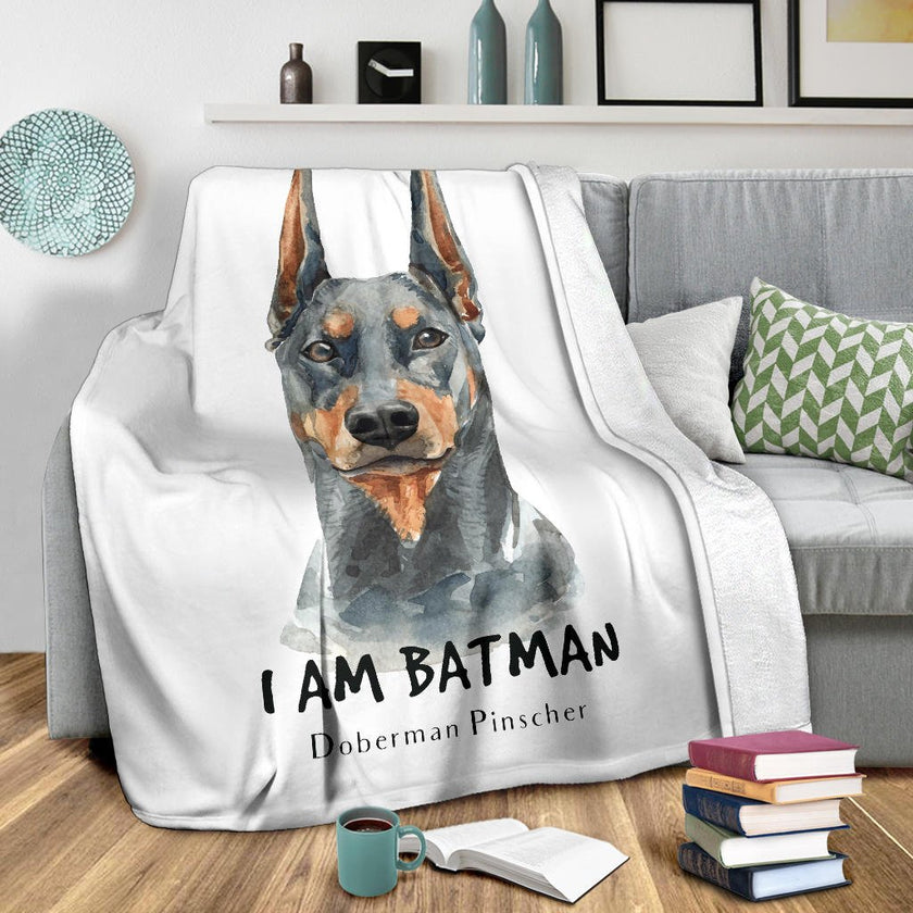 Watercolour Doberman Portrait Premium Blanket, I Am Batman Quote - Carbone's Marketplace
