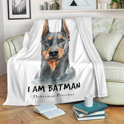 Watercolour Doberman Portrait Premium Blanket, I Am Batman Quote - Carbone's Marketplace