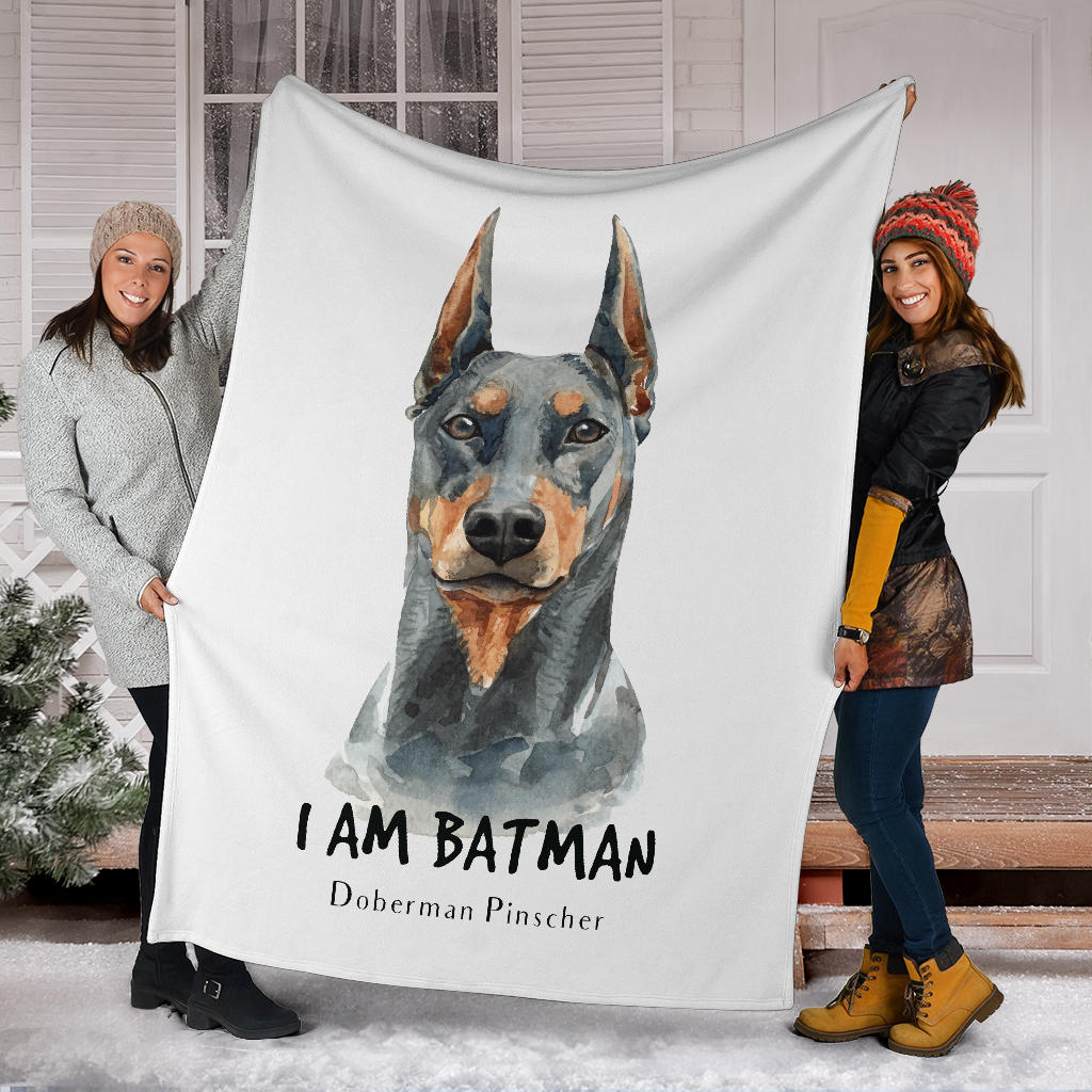 Watercolour Doberman Portrait Premium Blanket, I Am Batman Quote - Carbone's Marketplace