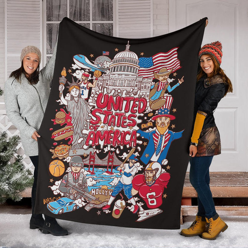 Welcome To United States Of America Premium Blanket, Cool Cartoon Travel Gift - Carbone's Marketplace
