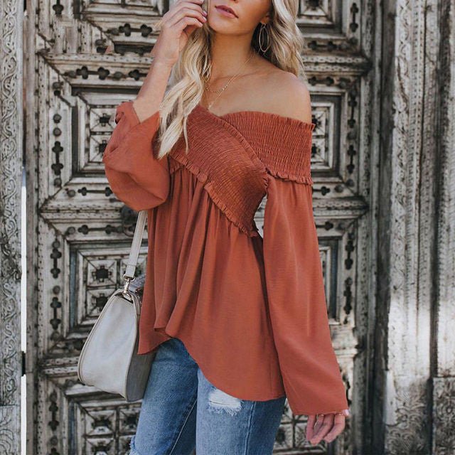 Women Sexy Off Shoulder Shirts Irregular Hem Blouse Shir - Carbone's Marketplace