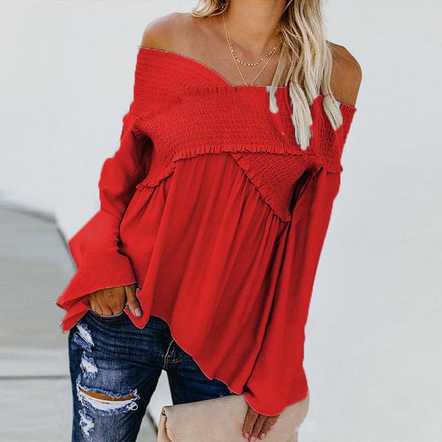 Women Sexy Off Shoulder Shirts Irregular Hem Blouse Shir - Carbone's Marketplace
