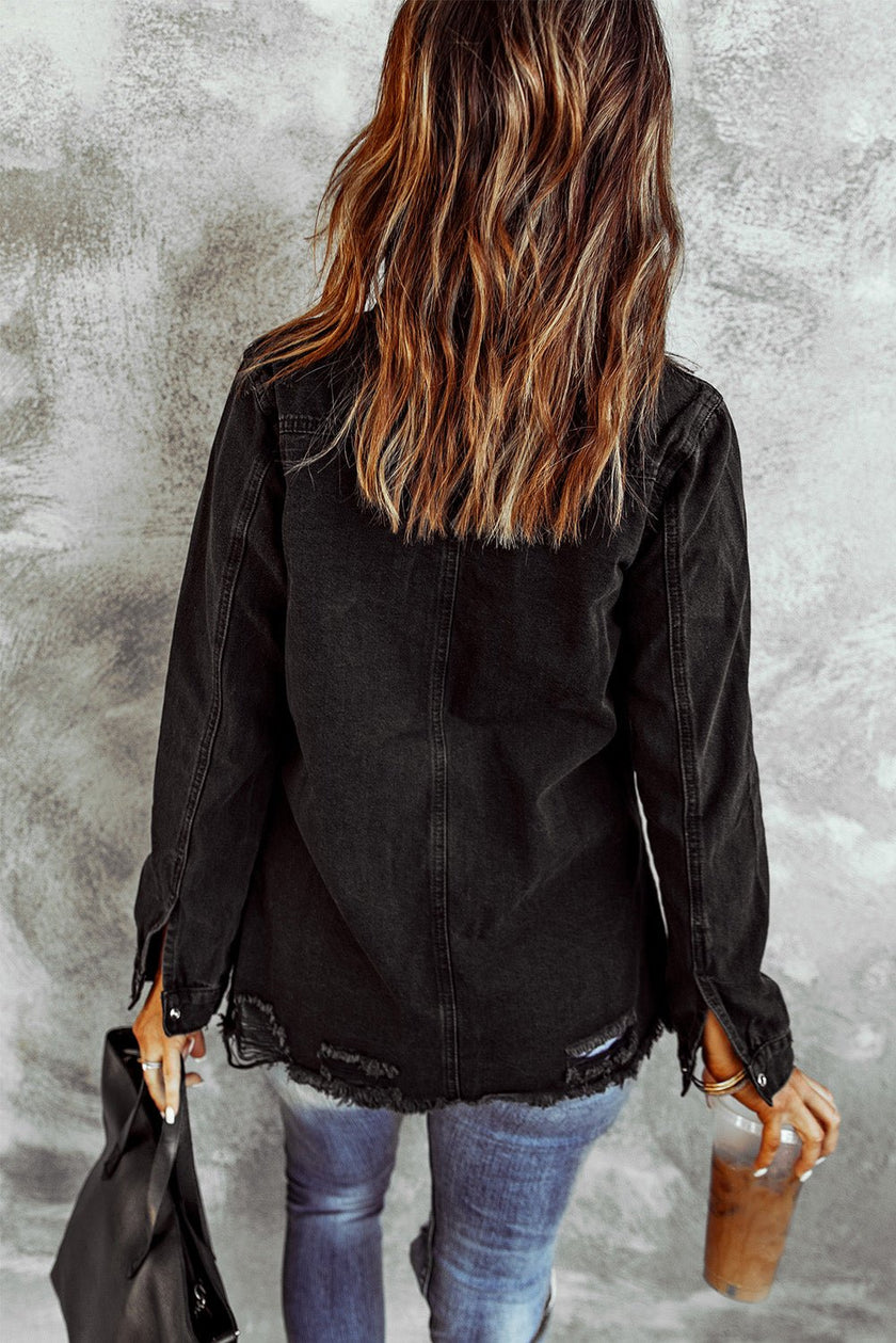 Women's Distressed Snap Down Denim Jacket - Carbone's Marketplace