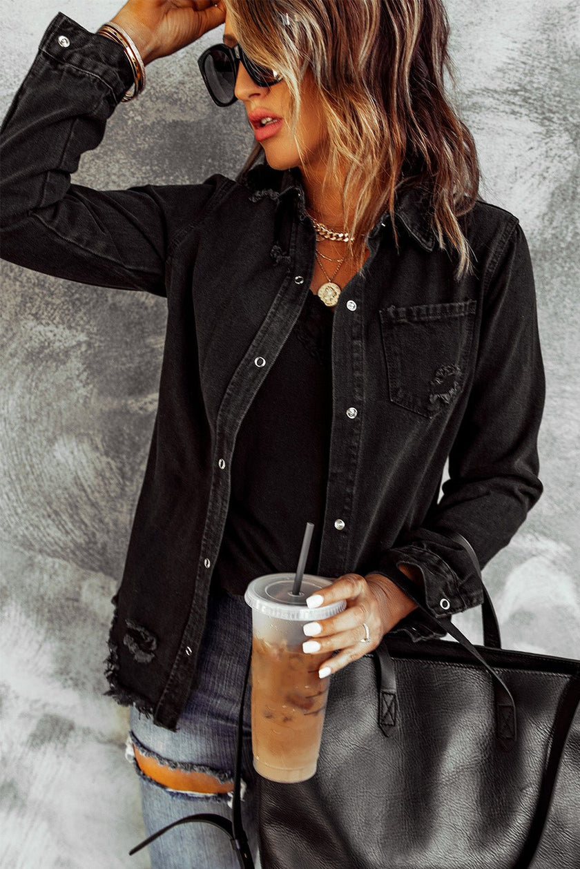 Women's Distressed Snap Down Denim Jacket - Carbone's Marketplace