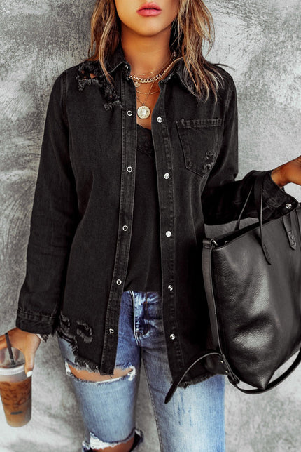 Women's Distressed Snap Down Denim Jacket - Carbone's Marketplace