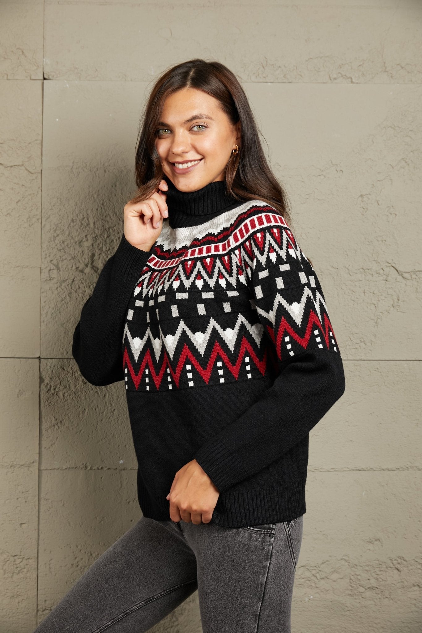 Woven Right Chevron Turtleneck Ribbed Trim Sweater - Carbone's Marketplace