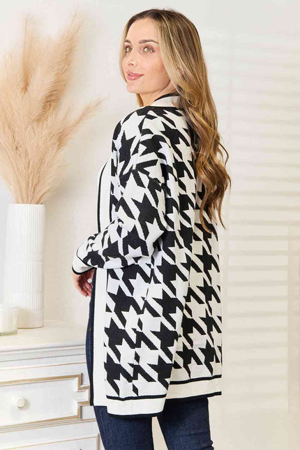 Woven Right Houndstooth Open Front Longline Cardigan - Carbone's Marketplace