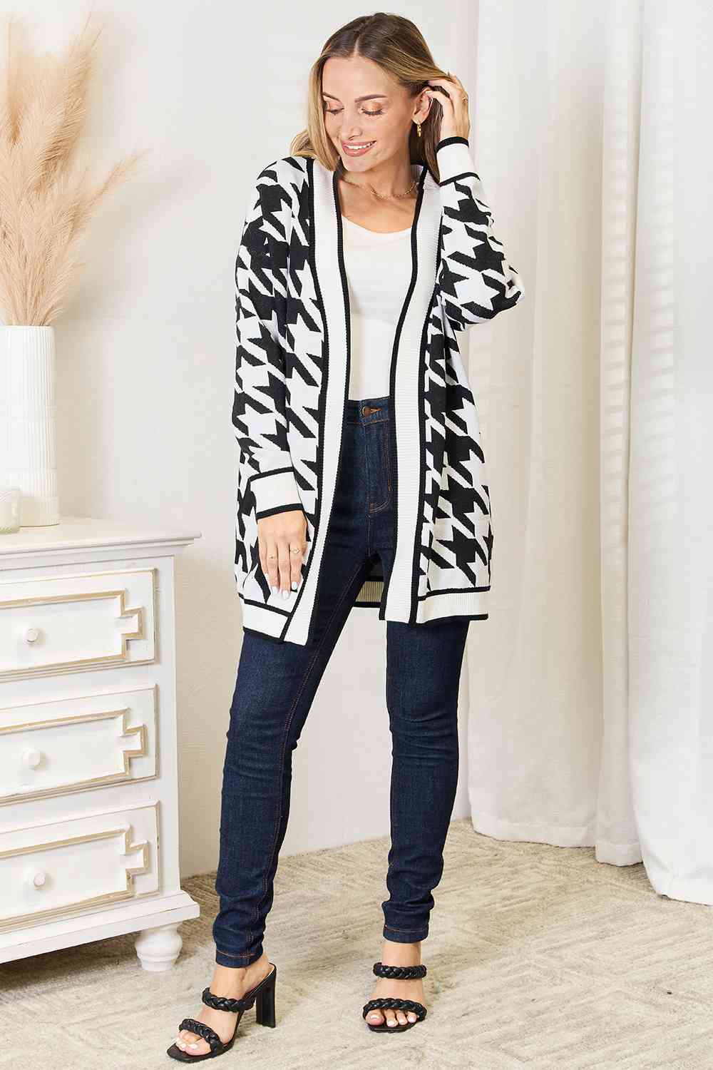 Woven Right Houndstooth Open Front Longline Cardigan - Carbone's Marketplace