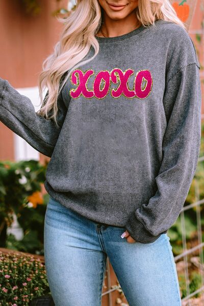 XOXO Sequin Round Neck Dropped Shoulder Sweatshirt - Carbone's Marketplace