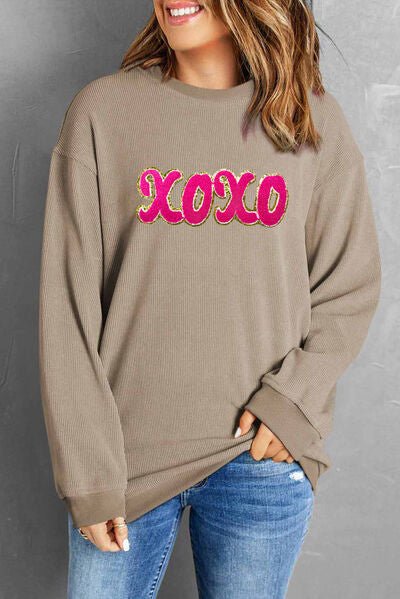 XOXO Sequin Round Neck Dropped Shoulder Sweatshirt - Carbone's Marketplace