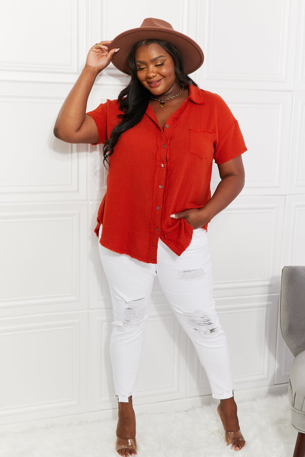 Zenana Full Size Summer Breeze Gauze Short Sleeve Shirt in Red Orange - Carbone's Marketplace