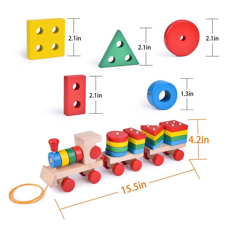 15.5 Inches Wooden Train Shape Sorter and Stacking ToysHeart - Carbone&