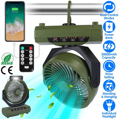 20000mAh Rechargeable Oscillating Camping Fan with Flashlight Hanging Hook Remote Control Portable Fan for Tent Emergency Power Bank Desk Fan with Timer Speed Setting - Carbone's Marketplace