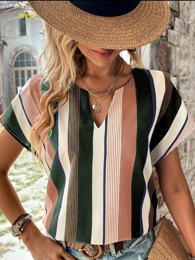 Striped Notched Neck Short Sleeve Blouse- Front