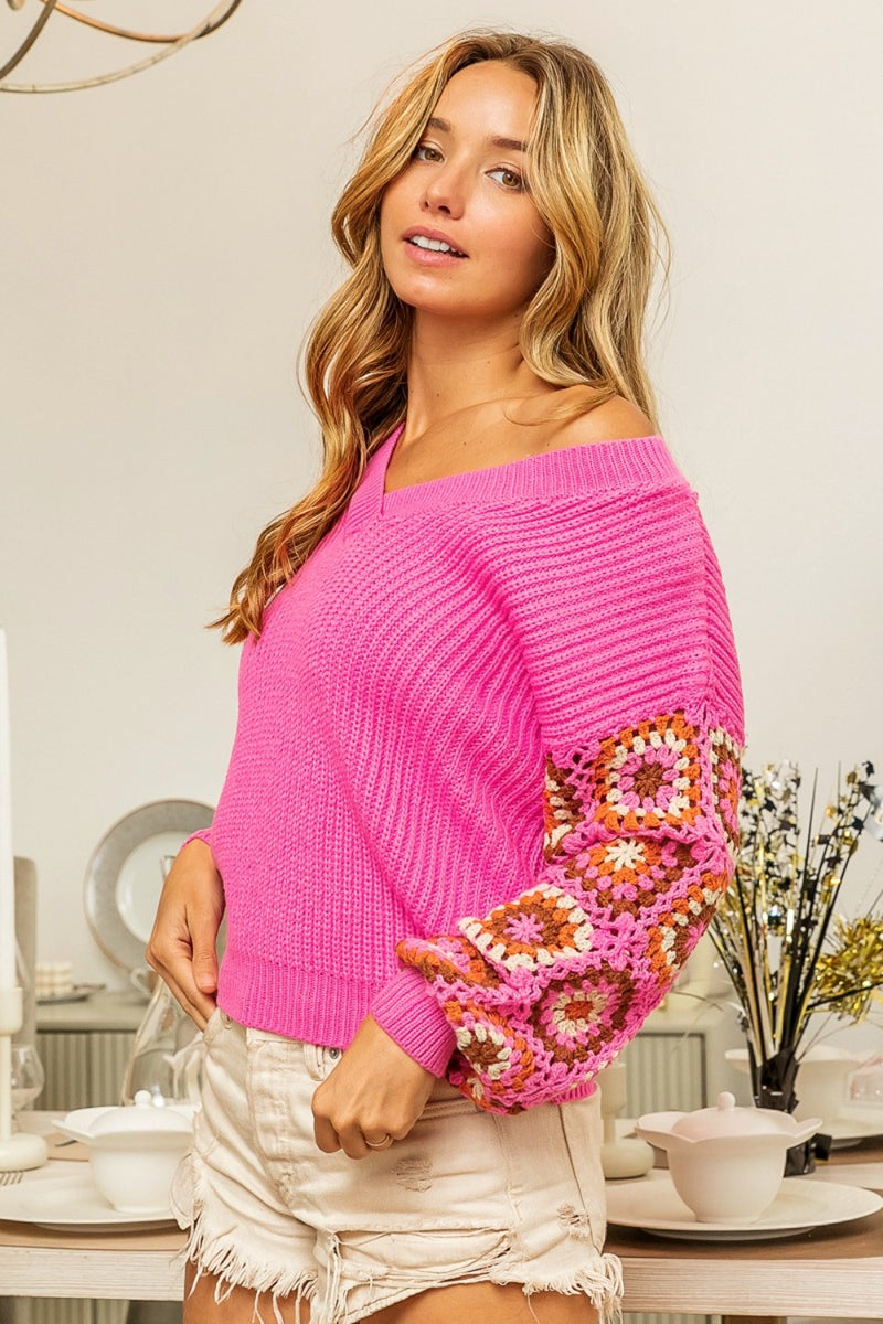 BiBi V-Neck Crochet Long Sleeve Sweater - Carbone&