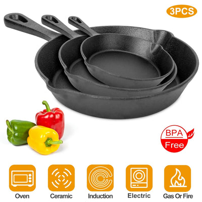 3Pcs Pre-Seasoned Cast Iron Skillet Set 6/8/10in Non-Stick Oven Safe Cookware Heat-Resistant Frying Pan - Carbone's Marketplace