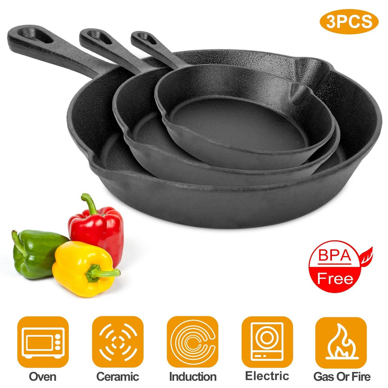 3Pcs Pre-Seasoned Cast Iron Skillet Set 6/8/10in Non-Stick Oven Safe Cookware Heat-Resistant Frying Pan - Carbone&