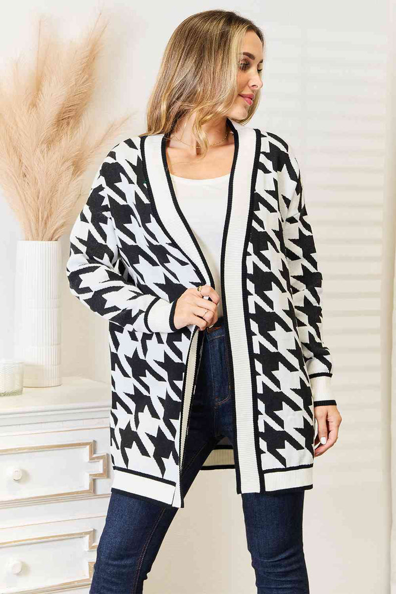 Woven Right Houndstooth Open Front Longline Cardigan - Carbone&