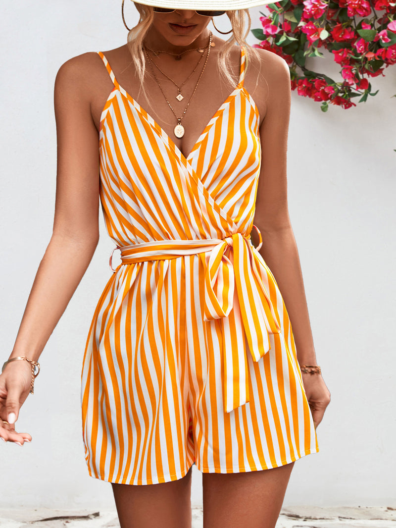 Striped Tie Waist Spaghetti Strap Romper- Mustard