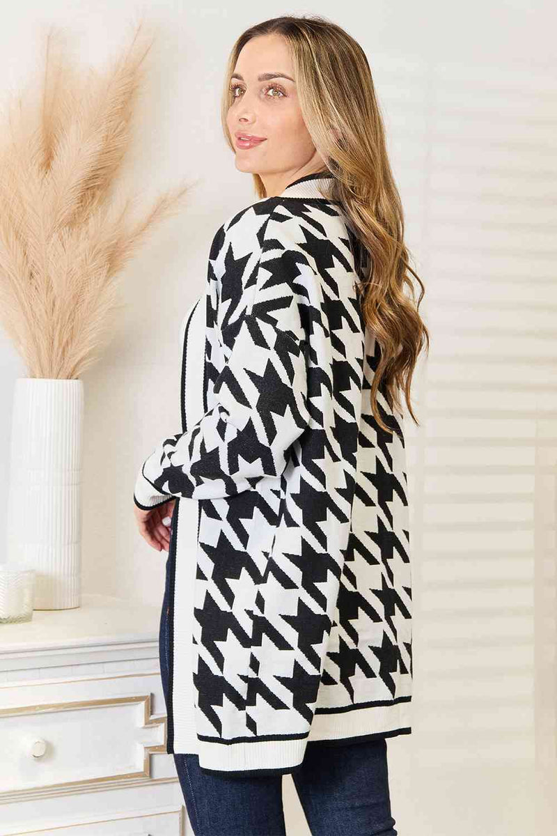 Woven Right Houndstooth Open Front Longline Cardigan - Carbone&