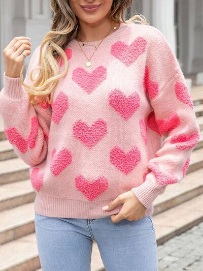 Heart Round Neck Dropped Shoulder Sweater - Carbone's Marketplace