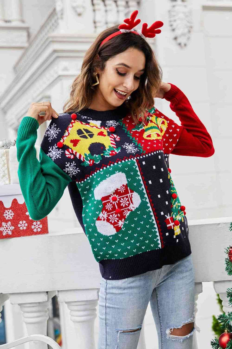 Christmas Color Block Knit Pullover