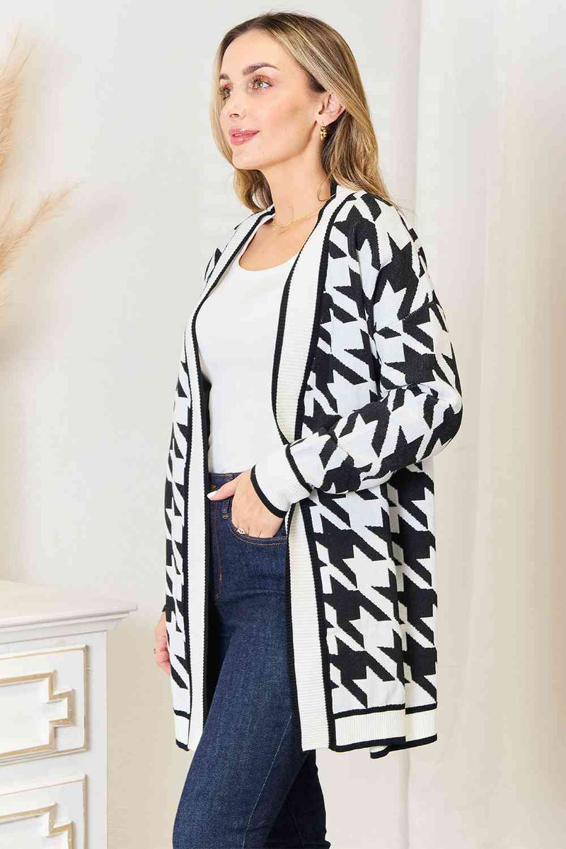 Woven Right Houndstooth Open Front Longline Cardigan - Carbone&