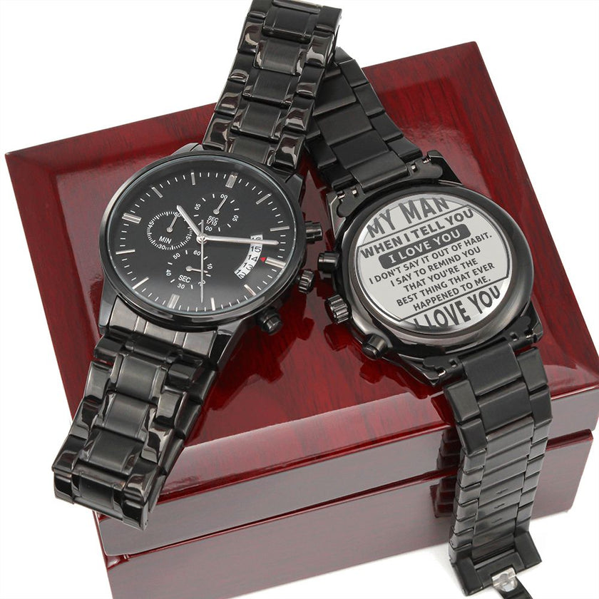 Black Chronograph Watch With Engraved Design For Husband - Carbone's Marketplace